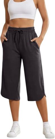 Drawstring Capri Pants for Women Casual Wide Leg Yoga High Waist Capri Pants Pockets Loose Soft Sweatpants in Saudi Arabia