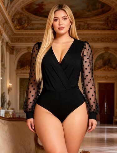 Women's Polka Dots Bodysuit Long Sleeve Going Out Tops Trendy Black V Neck Leotard Sheer Mesh Body Suits S-2XL in Saudi Arabia