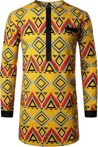 LucMatton Men's African Traditional Pattern Printed Hidden Button Long Sleeve Dashiki Shirt with Pocket in Saudi Arabia