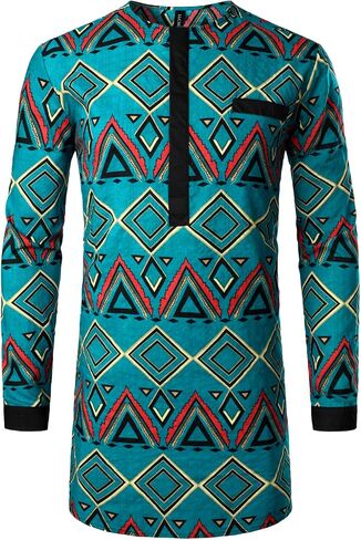 LucMatton Men's African Traditional Pattern Printed Hidden Button Long Sleeve Dashiki Shirt with Pocket in Saudi Arabia