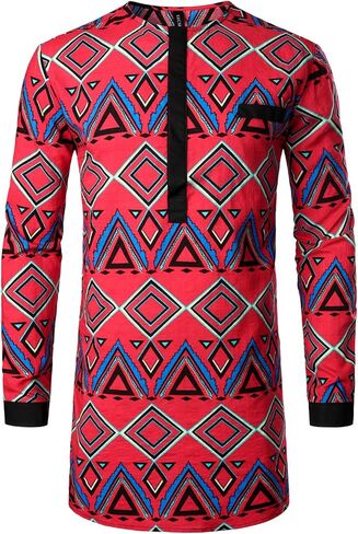 LucMatton Men's African Traditional Pattern Printed Hidden Button Long Sleeve Dashiki Shirt with Pocket in Saudi Arabia