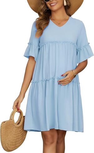 فستان حمل نسائي مكشكش بأكمام قصيرة متدرج بيبي دول سوينغ فضفاض مناسب فساتين الحمل التقطت الصور للصيف in Kuwait