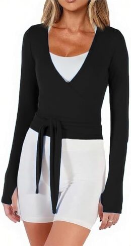 Women Cross Wrap Top Polka Dot Long Sleeve Deep V Neck Tie Workout Ballet Blouse Pilates Yoga Shirt in Saudi Arabia