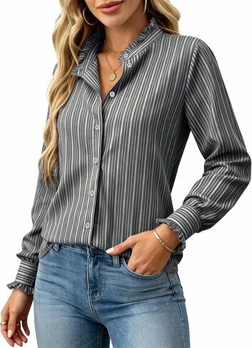 siliteelon Womens Striped Button Down Blouse Dress Casual Long Sleeve Shirt Ruffle Trendy V Neck Office Work Tops in Saudi Arabia
