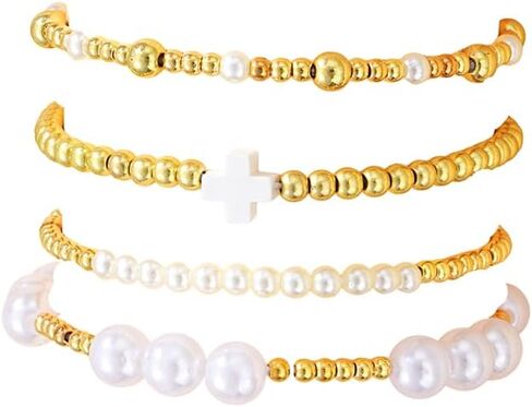 CJIAYUJEW Gold Beaded Bracelet Stack for Women Stretch Cross Pearl Black&gold Beaded Bracelets Set Stackable Jewelry in Saudi Arabia