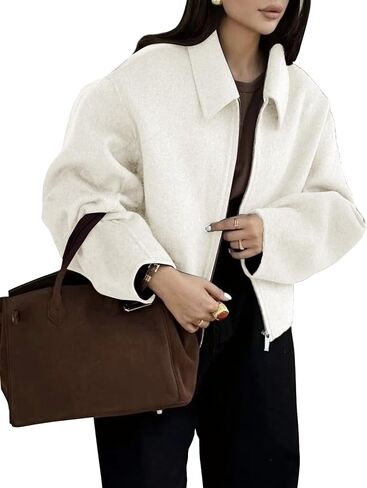 Womens Cropped Wool Jacket Warm Winter Fleece Bomber Jacket Zip Up Short Pea Coats with Pockets(Grey-S) in Saudi Arabia