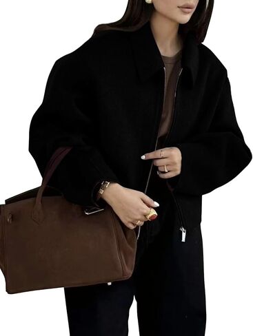 Womens Cropped Wool Jacket Warm Winter Fleece Bomber Jacket Zip Up Short Pea Coats with Pockets(Grey-S) in Saudi Arabia