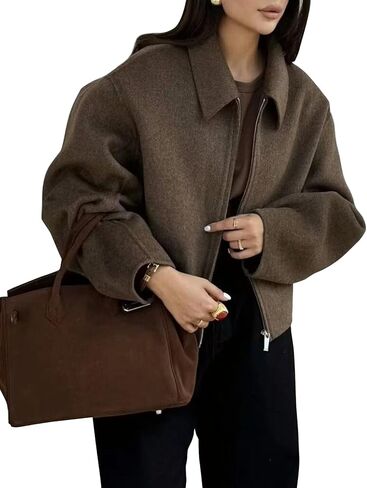 Womens Cropped Wool Jacket Warm Winter Fleece Bomber Jacket Zip Up Short Pea Coats with Pockets(Grey-S) in Saudi Arabia