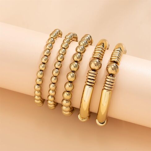 Set of 5 Bead Layered Elastic Stretch Bracelet for Women Dainty 14K Gold/Silver Plated Stack Bracelet Set Beaded Ball Bracelet Hypoallergenic Bohemian Stackable Bracelet Trendy Jewelry Gift in Saudi Arabia