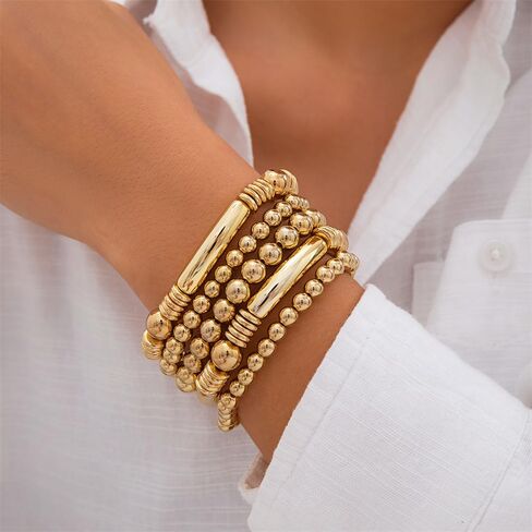 Set of 5 Bead Layered Elastic Stretch Bracelet for Women Dainty 14K Gold/Silver Plated Stack Bracelet Set Beaded Ball Bracelet Hypoallergenic Bohemian Stackable Bracelet Trendy Jewelry Gift in Saudi Arabia