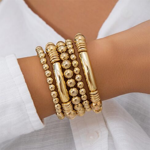 Set of 5 Bead Layered Elastic Stretch Bracelet for Women Dainty 14K Gold/Silver Plated Stack Bracelet Set Beaded Ball Bracelet Hypoallergenic Bohemian Stackable Bracelet Trendy Jewelry Gift in Saudi Arabia