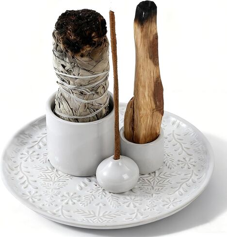 5 in 1 Incense Holder Burner, 5.9" Ceramic Holder for Burning Palo Santo Sage Candle and Incense Sticks Cones, Ash Catcher Tray for Meditation Room Home Décor(Bluegrey) in Saudi Arabia
