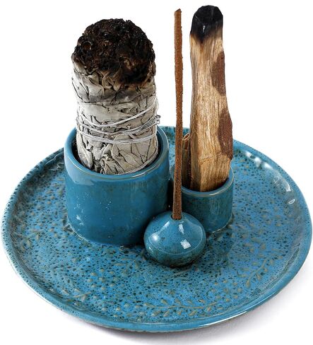 5 in 1 Incense Holder Burner, 5.9" Ceramic Holder for Burning Palo Santo Sage Candle and Incense Sticks Cones, Ash Catcher Tray for Meditation Room Home Décor(Bluegrey) in Saudi Arabia