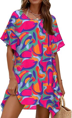 Ekouaer Women's Swimsuit Coverup Chiffon Floral Bathing Suit Cover Up Ruffled Summer Beachwear Bikini Coverups S-3XL in Saudi Arabia