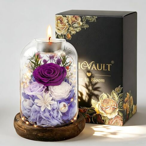 Preserved Flowers in Glass Dome, Eternal Rose Bouquet, Long Lasting Real Flowers Gift with Greeting Card for Anniversary, Birthday, Valentine’s Day, Mother’s Day, Wife, Mom (Purple) in Kuwait
