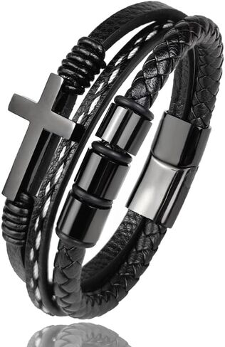 Multi-Layer Braided Leather Bracelets Mens Cross Leather Bracelet Wristband Religious Leather Bracelets Men Customized Gifts in Saudi Arabia