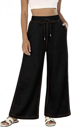 Bankeng Womens Wide Leg Casual Pants Elastic High Waisted Baggy Lounge Pants Athletic Sweatpants with Pockets in Saudi Arabia