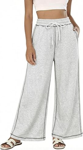 Bankeng Womens Wide Leg Casual Pants Elastic High Waisted Baggy Lounge Pants Athletic Sweatpants with Pockets in Saudi Arabia