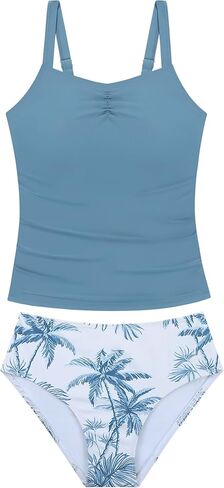 Weixinbuy الفتيات ملابس السباحة Tankini 2 قطعة ثوب السباحة للمراهقين Ruched السباحة تانك الأعلى وطباعة أسفل ملابس السباحة للفتيات 9-16Y in Saudi Arabia