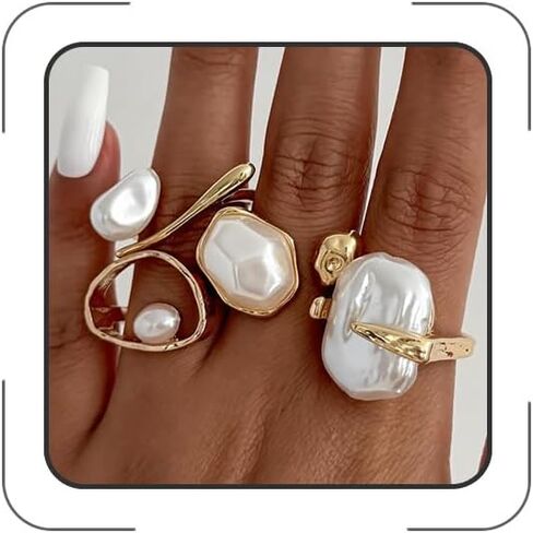 Chunky Gold Pearl Rings for Women Vintage Baroque Pearl Rings Set Open Stacking Pearls Ring Set Irregular Geometric Pearls Ring Boho Prom Costumes Fashion Jewelry Accessories in Saudi Arabia