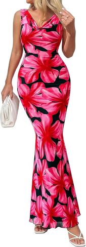PRETTYGARDEN Women's Summer Cowl Neck Floral Maxi Dress Sleeveless Bodycon Beach Vacation Long Party Wedding Guest Dresses in Saudi Arabia