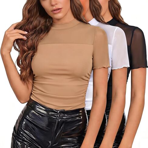 Capoda Womens Sexy Mesh Sheer Top Short Sleeve Mock Turtleneck Tops Ruched Going Out Summer Shirts See Through Slim Blouse in Saudi Arabia