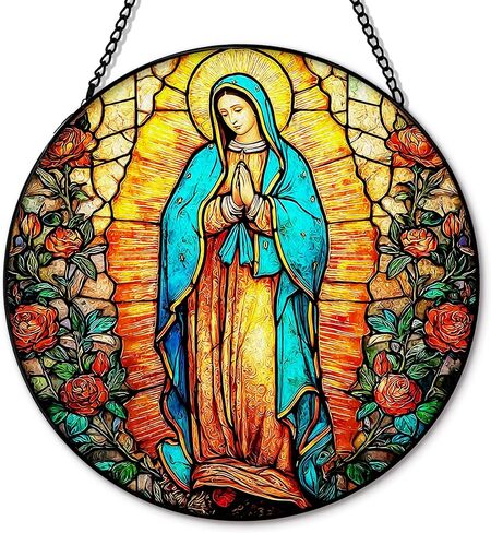 Christian Cross Suncatcher Garden Stained Glass Window Hanging, Christian Flower Sunset Sun Catchers Indoor Window Glass Round Wall Decor, Religious Wall Art Hanging Decorations, ＂7.8x7.8＂ in Saudi Arabia