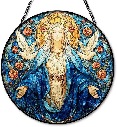 Christian Cross Suncatcher Garden Stained Glass Window Hanging, Christian Flower Sunset Sun Catchers Indoor Window Glass Round Wall Decor, Religious Wall Art Hanging Decorations, ＂7.8x7.8＂ in Saudi Arabia
