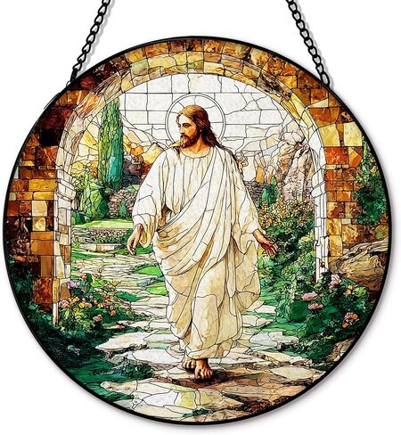 Christian Cross Suncatcher Garden Stained Glass Window Hanging, Christian Flower Sunset Sun Catchers Indoor Window Glass Round Wall Decor, Religious Wall Art Hanging Decorations, ＂7.8x7.8＂ in Saudi Arabia