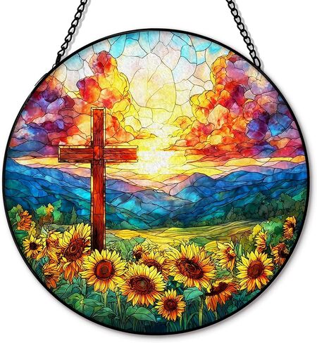 Christian Cross Suncatcher Garden Stained Glass Window Hanging, Christian Flower Sunset Sun Catchers Indoor Window Glass Round Wall Decor, Religious Wall Art Hanging Decorations, ＂7.8x7.8＂ in Saudi Arabia