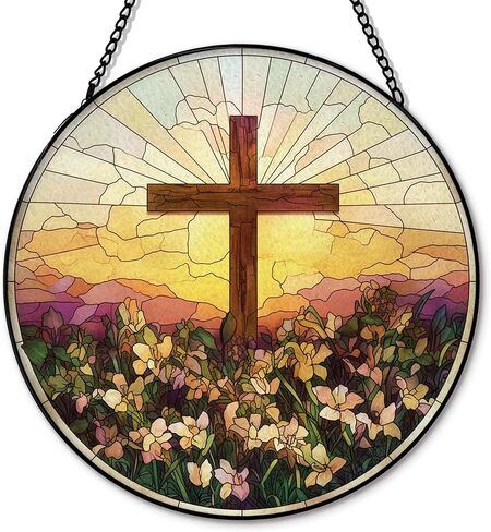 Christian Cross Suncatcher Garden Stained Glass Window Hanging, Christian Flower Sunset Sun Catchers Indoor Window Glass Round Wall Decor, Religious Wall Art Hanging Decorations, ＂7.8x7.8＂ in Saudi Arabia
