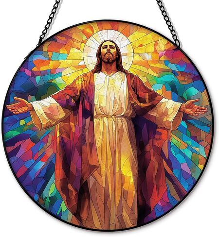 Christian Cross Suncatcher Garden Stained Glass Window Hanging, Christian Flower Sunset Sun Catchers Indoor Window Glass Round Wall Decor, Religious Wall Art Hanging Decorations, ＂7.8x7.8＂ in Saudi Arabia