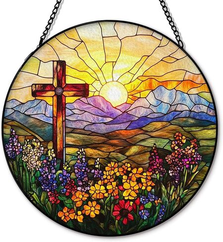 Christian Cross Suncatcher Garden Stained Glass Window Hanging, Christian Flower Sunset Sun Catchers Indoor Window Glass Round Wall Decor, Religious Wall Art Hanging Decorations, ＂7.8x7.8＂ in Saudi Arabia