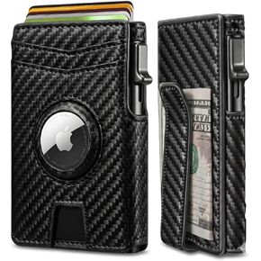 Mens Wallet, Slim & Secure, Smart: Apple AirTag Compatible, RFID Blocking, Pop-Up Aluminum Card Holder, Money Clip, 9–14 Card Capacity, Minimalist, Microfine Fiber Leather (Black), Gift Box in Saudi Arabia
