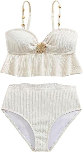 Girl's Cute Two Piece Bikini Sets Ruffle Peplum Shell High Waisted Ribbed Swimsuit Textured Kids Tankini in Saudi Arabia