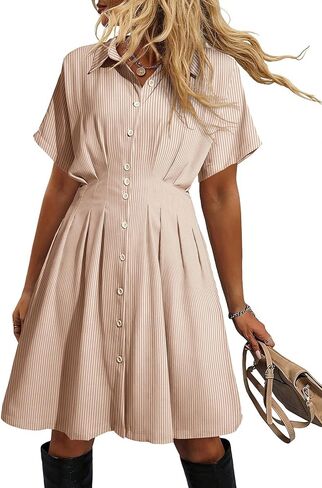 Dokotoo Women's Shirt Dress Casual Button Down Short Sleeve Collared Dresses Summer Shirred High Waist Plaid Gingham Dress in Saudi Arabia