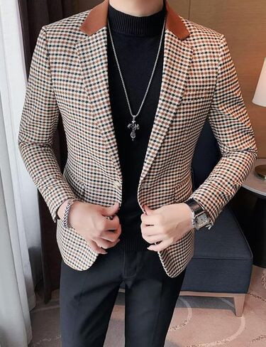Mens Plaid Blazer Jacket with Elbow Patch Slim Fit Fashion Business Casual Sport Coat in Saudi Arabia