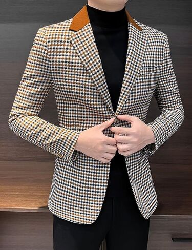 Mens Plaid Blazer Jacket with Elbow Patch Slim Fit Fashion Business Casual Sport Coat in Saudi Arabia