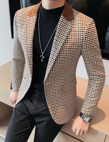 Mens Plaid Blazer Jacket with Elbow Patch Slim Fit Fashion Business Casual Sport Coat in Saudi Arabia
