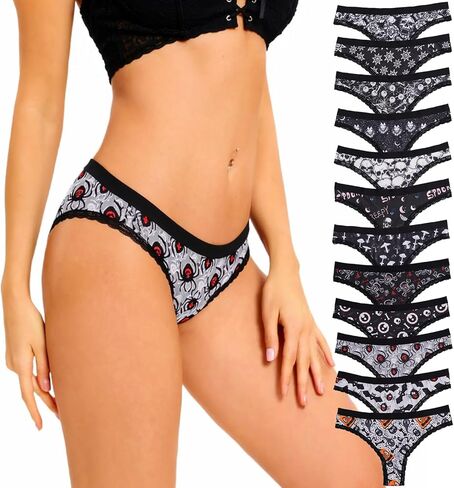 SYVIN Women's 12-Pack Allover Spooky Print Thong Underwear, Contrast Lace Trims Sexy Stylish Multiple Styles Assorted in Saudi Arabia