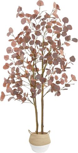 شجرة الأوكالبتوس الاصطناعية، نبات الأوكالبتوس المزيف بطول 5 أقدام مع سلة، شجرة صناعية بأوراق حريرية فضية حمراء للمكتب المنزلي، ديكور مثالي للأدوات المنزلية in Kuwait