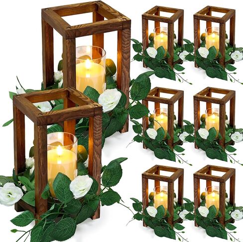 18 Pcs Wooden Lantern Centerpiece - Wedding Lantern with Eucalyptus Candles Wreaths LED Flameless Candles Rustic for Country Wedding Party Farmhouse Table Decor in Saudi Arabia