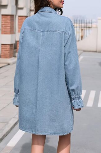 Women's Denim Shirt Dress Long Sleeve Button Down Casual Jean Dress with Elastic Cuffs in Saudi Arabia