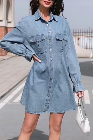 Women's Denim Shirt Dress Long Sleeve Button Down Casual Jean Dress with Elastic Cuffs in Saudi Arabia