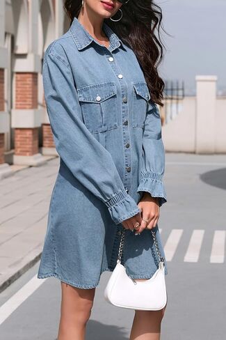 Women's Denim Shirt Dress Long Sleeve Button Down Casual Jean Dress with Elastic Cuffs in Saudi Arabia