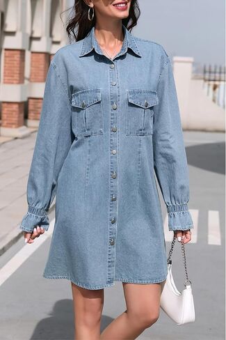 Women's Denim Shirt Dress Long Sleeve Button Down Casual Jean Dress with Elastic Cuffs in Saudi Arabia