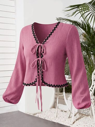 Women V Collar Blouse Puff Sleeve Pleated Tie Front Shirts Summer Cute Tops in Saudi Arabia