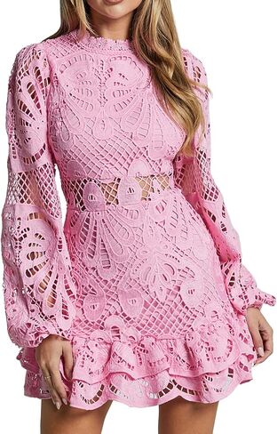 Women's Spring Long Sleeve Embroidery Mini Dress Ruffle Hollow Out Sexy Lace Dress in Saudi Arabia