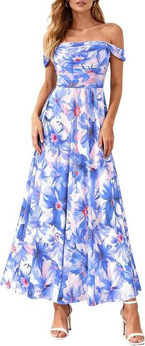 PRETTYGARDEN Womens Off Shoulder Maxi Summer Dresses 2026 Elegant Mesh Aline Swing Ruched Flowy Cocktail Wedding Guest Dress in Saudi Arabia