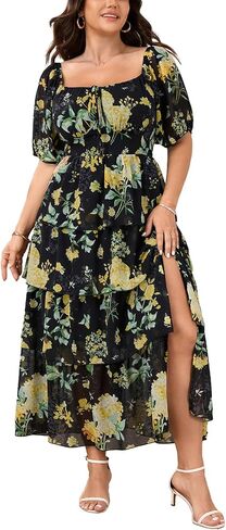 SCOMCHIC Womens Plus Size Maxi Dress Wedding Guest Cocktail Evening Party Elegant Short Sleeve Tiered Split Long Dresses in Saudi Arabia